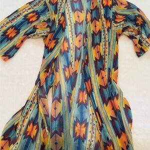 Bohemian Sheer Duster with Geometric Aztec Print - Orange & Teal